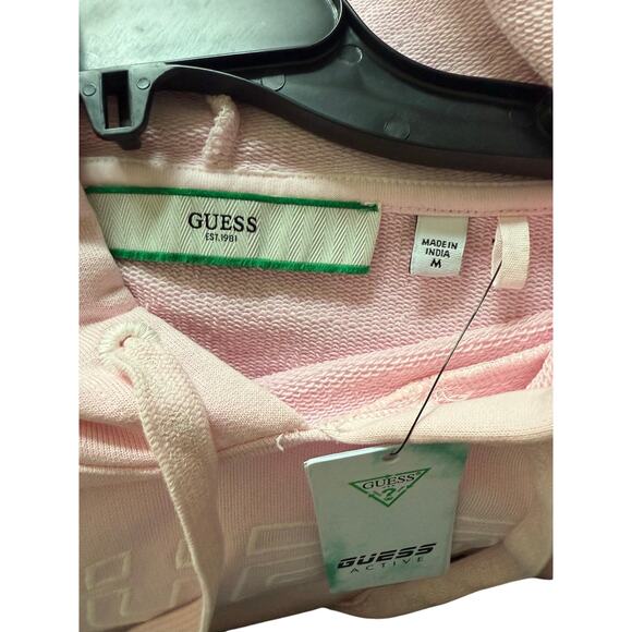 Guess Logo Cropped Hooded Sweatshirt Size S Reflective Long Sleeved pink - Picture 4 of 6